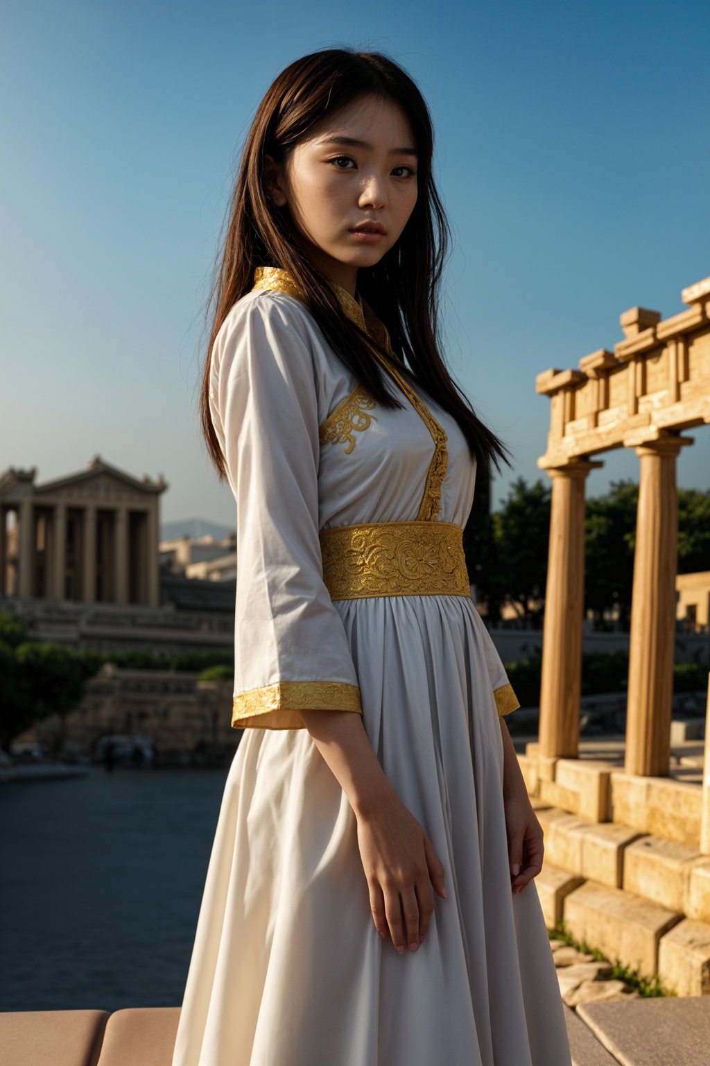 graceful and striking  woman in Athens wearing a traditional Evzone uniform/Amalia dress, Parthenon in the background