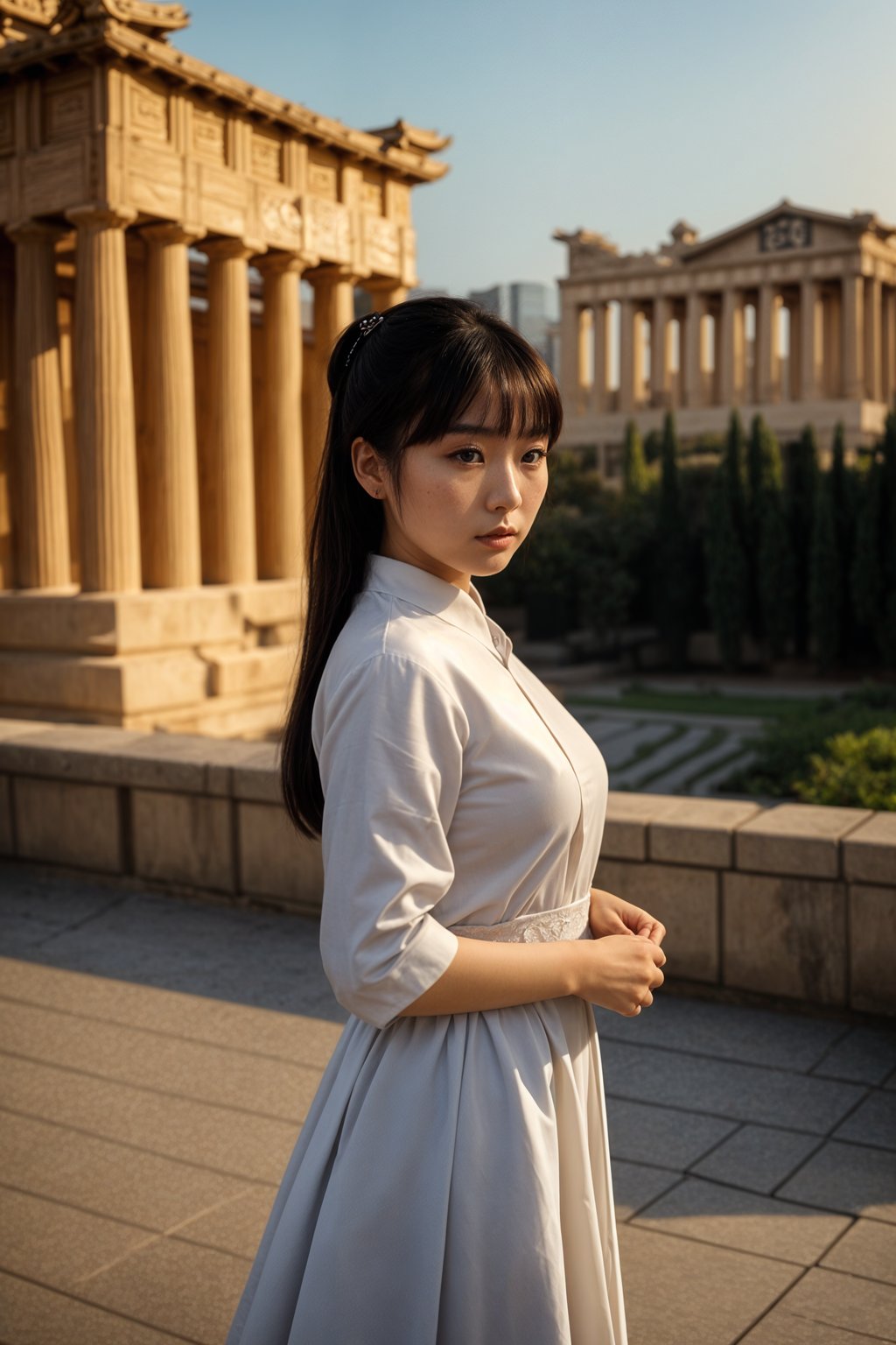 graceful and striking  woman in Athens wearing a traditional Evzone uniform/Amalia dress, Parthenon in the background