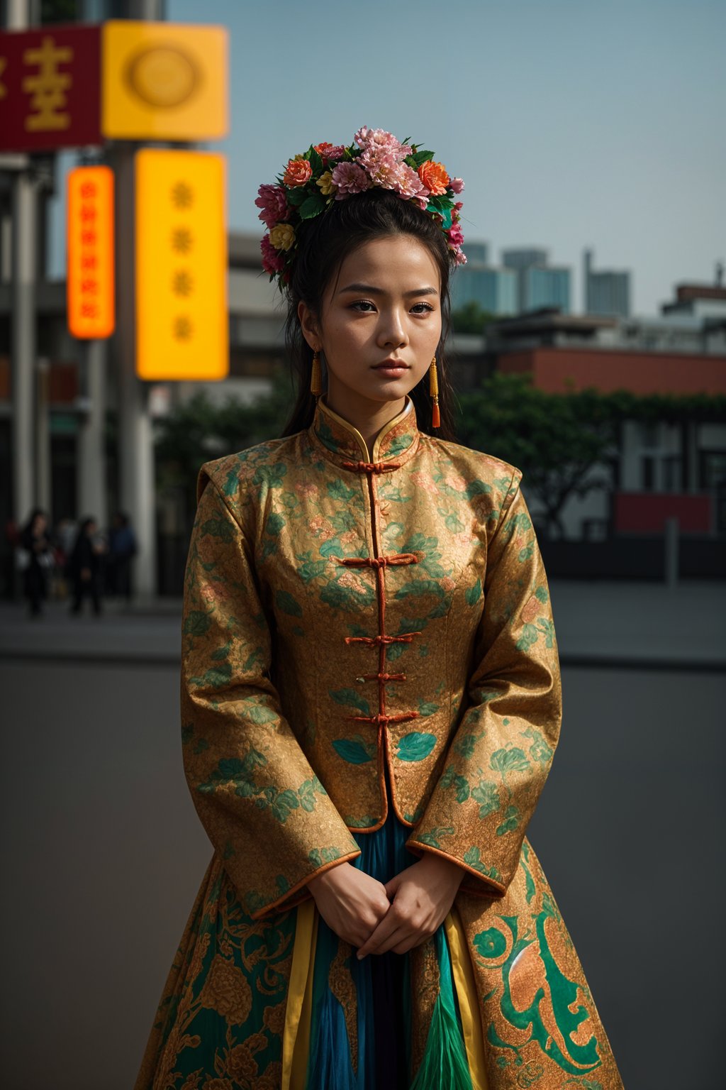 colorful and cultural  woman in Mexico City wearing a traditional charro suit/china poblana, Frida Kahlo Museum in the background