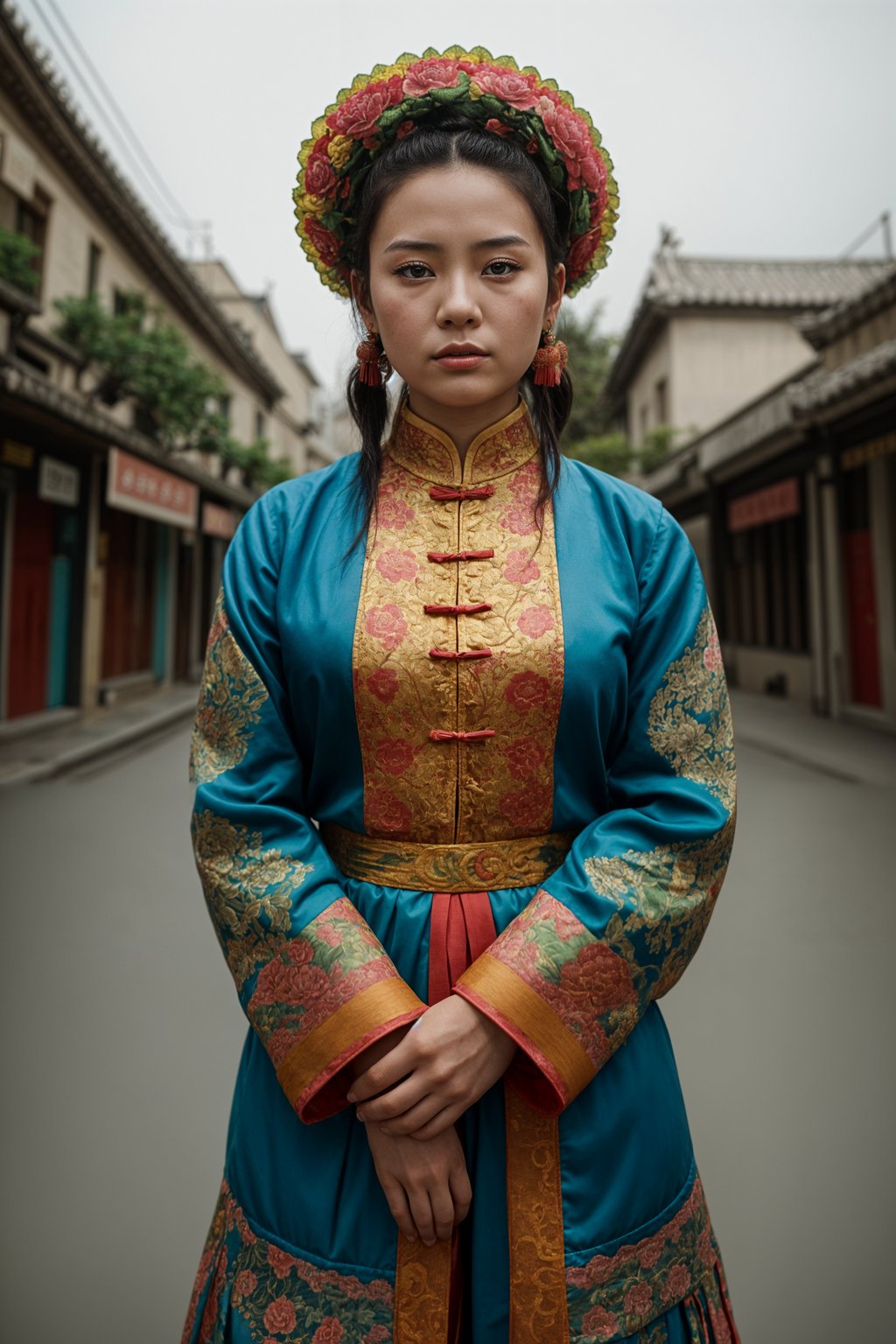 colorful and cultural  woman in Mexico City wearing a traditional charro suit/china poblana, Frida Kahlo Museum in the background