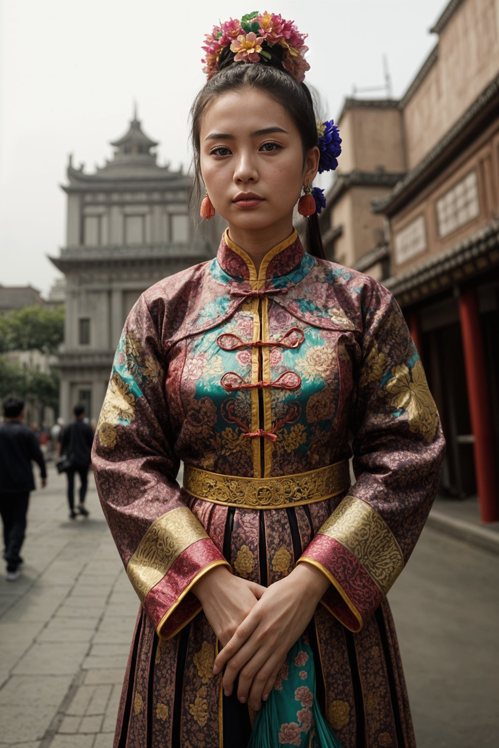 colorful and cultural  woman in Mexico City wearing a traditional charro suit/china poblana, Frida Kahlo Museum in the background