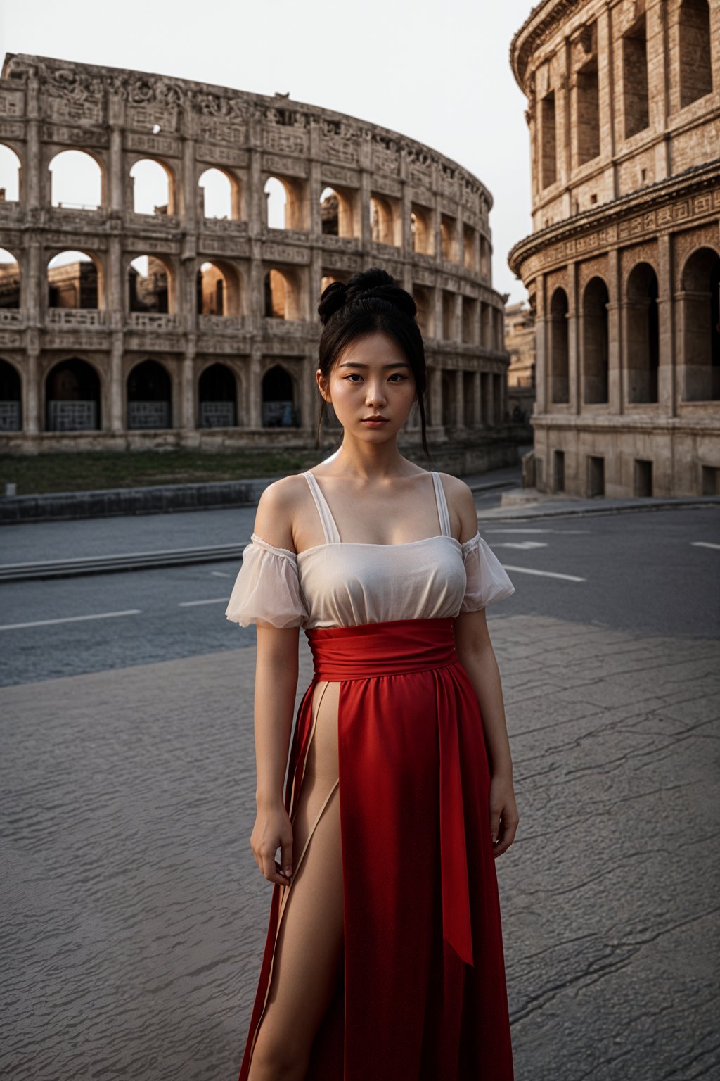 stunning and historical  woman in Rome wearing a traditional Roman stola/toga, Colosseum in the background