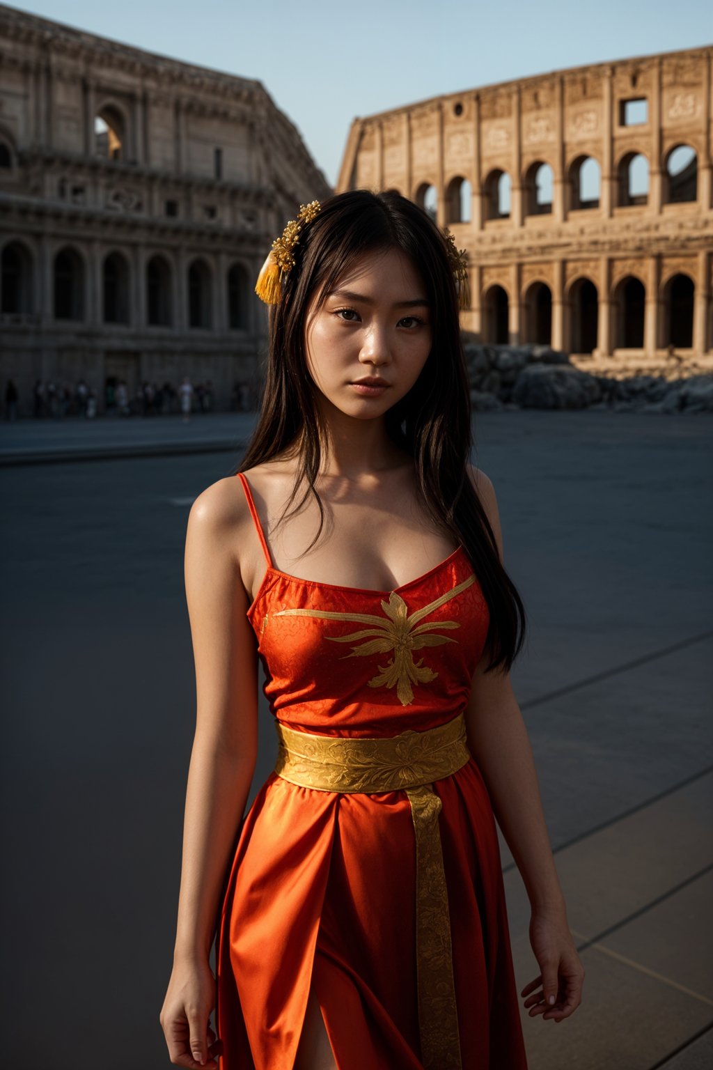 stunning and historical  woman in Rome wearing a traditional Roman stola/toga, Colosseum in the background