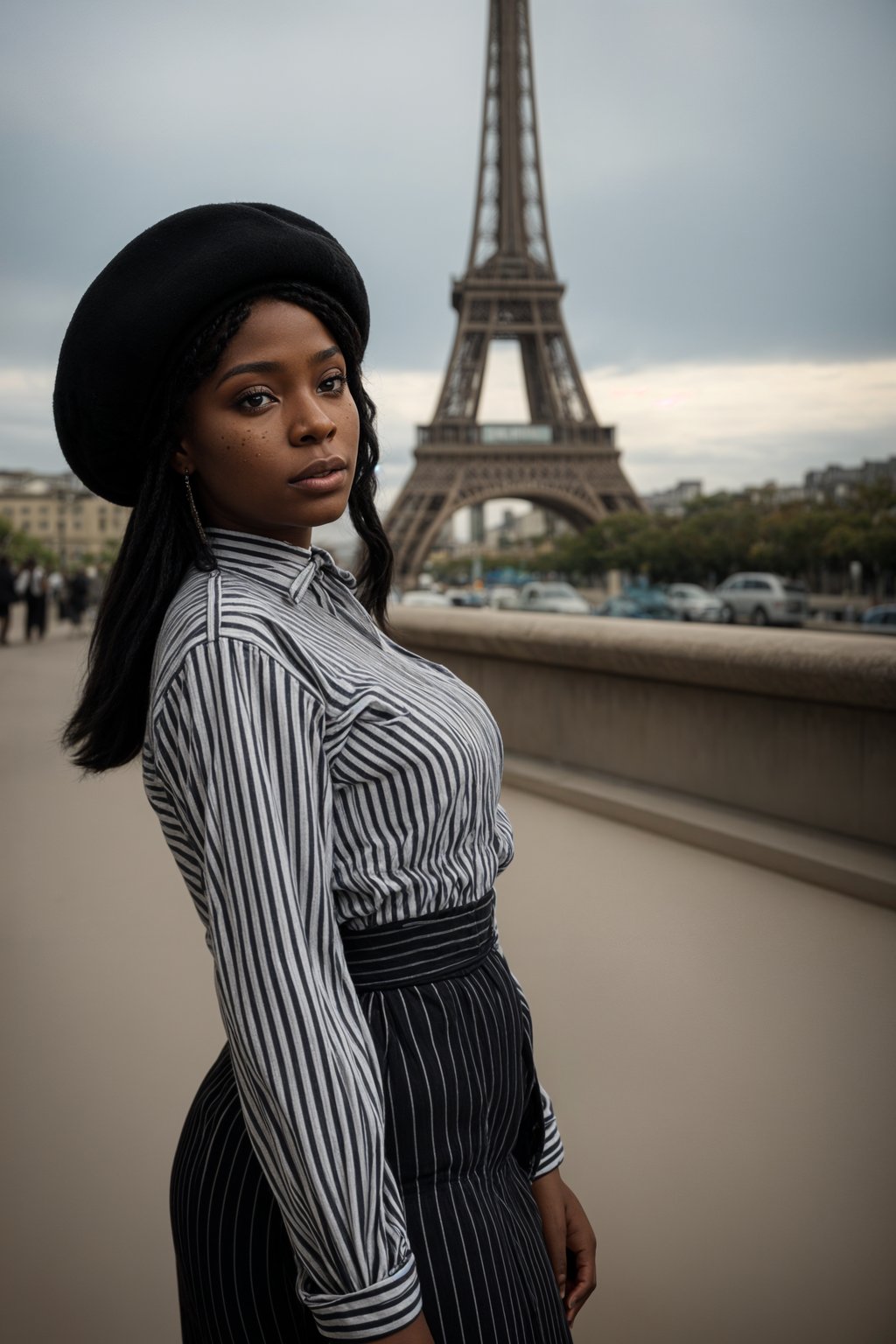 stylish and sophisticated  woman in Paris wearing a traditional Breton shirt and beret, Eiffel Tower in the background