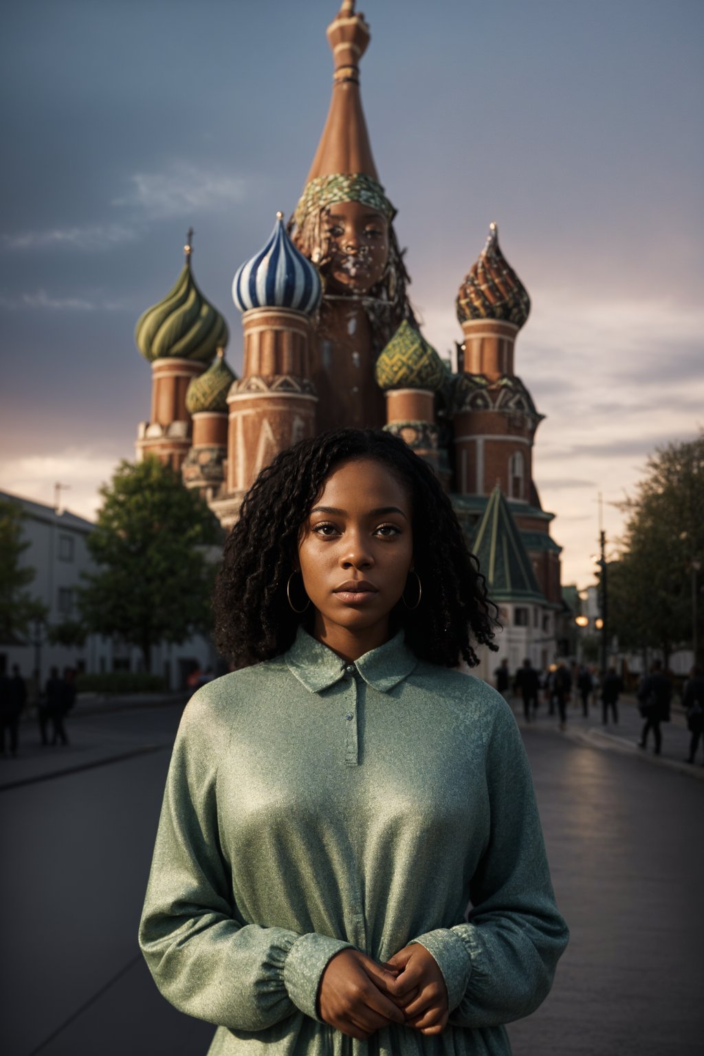 lovely and cultural  woman in Moscow wearing a traditional sarafan/kosovorotka, Saint Basil's Cathedral in the background