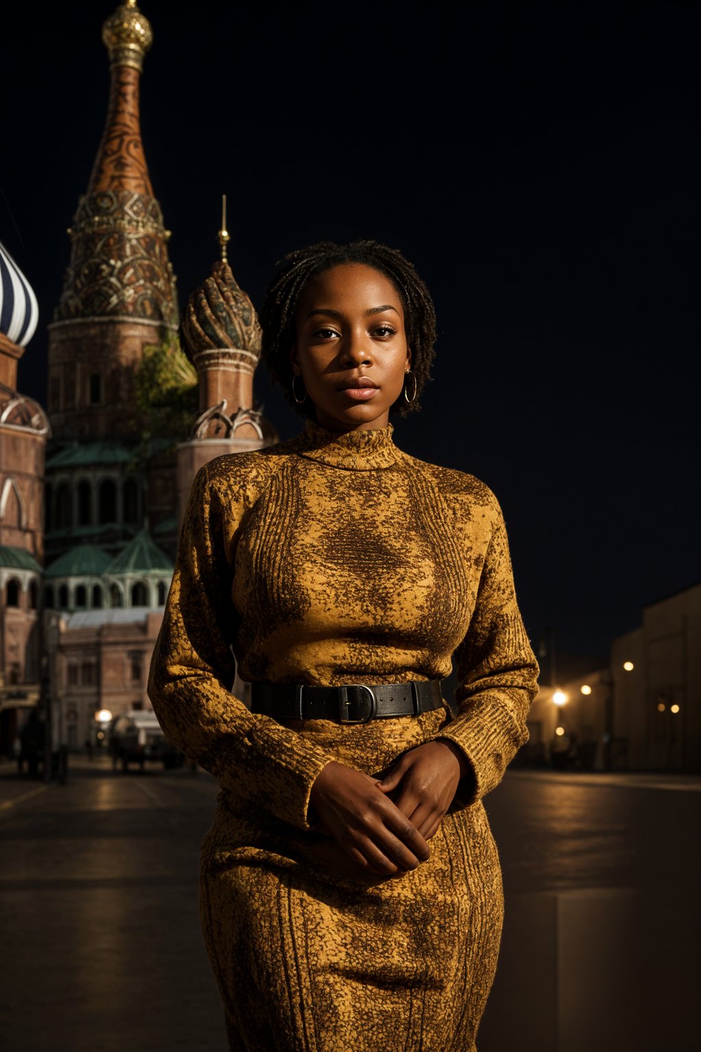 lovely and cultural  woman in Moscow wearing a traditional sarafan/kosovorotka, Saint Basil's Cathedral in the background