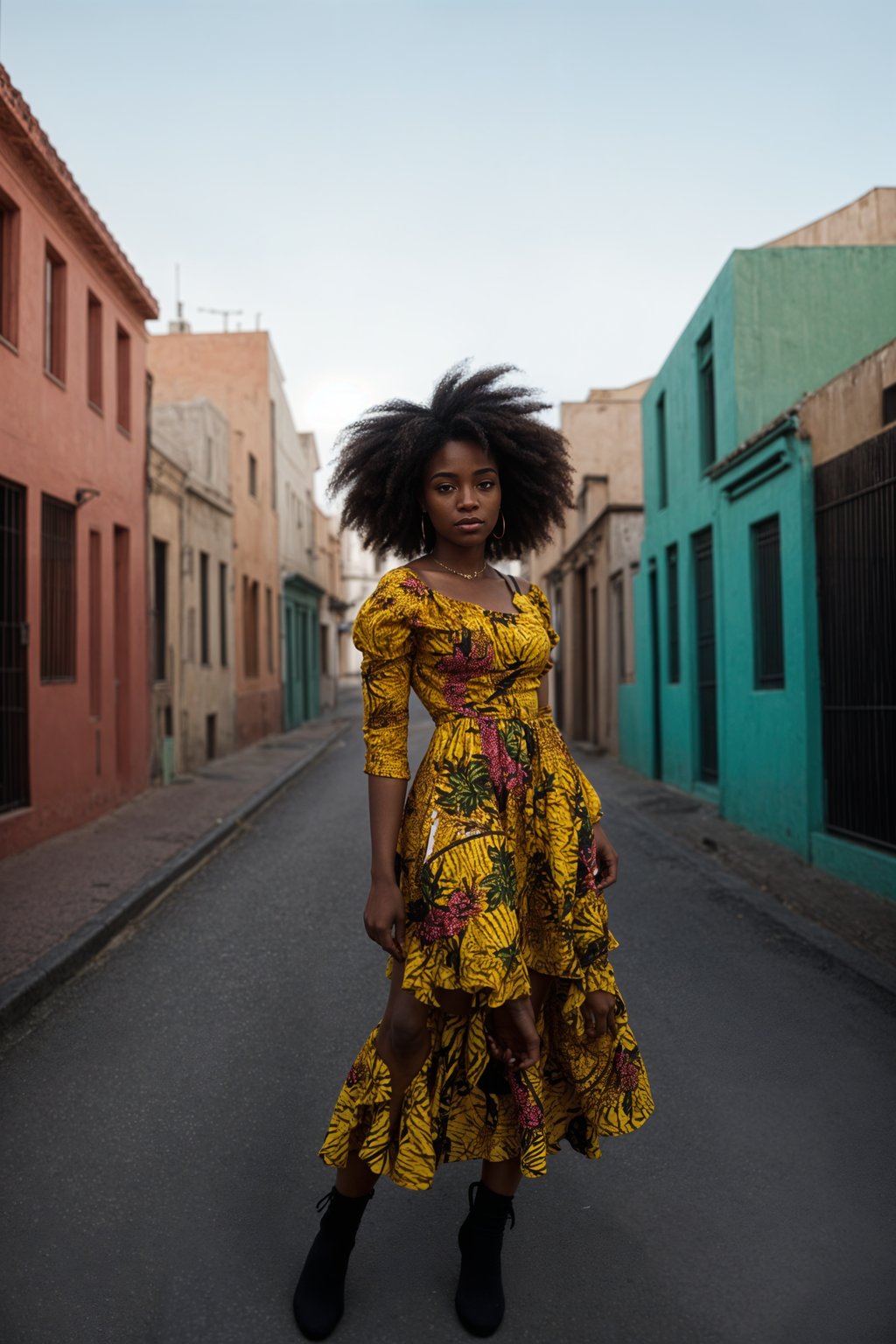 exquisite and traditional  woman in Buenos Aires wearing a tango dress/gaucho attire, colorful houses of La Boca neighborhood in the background