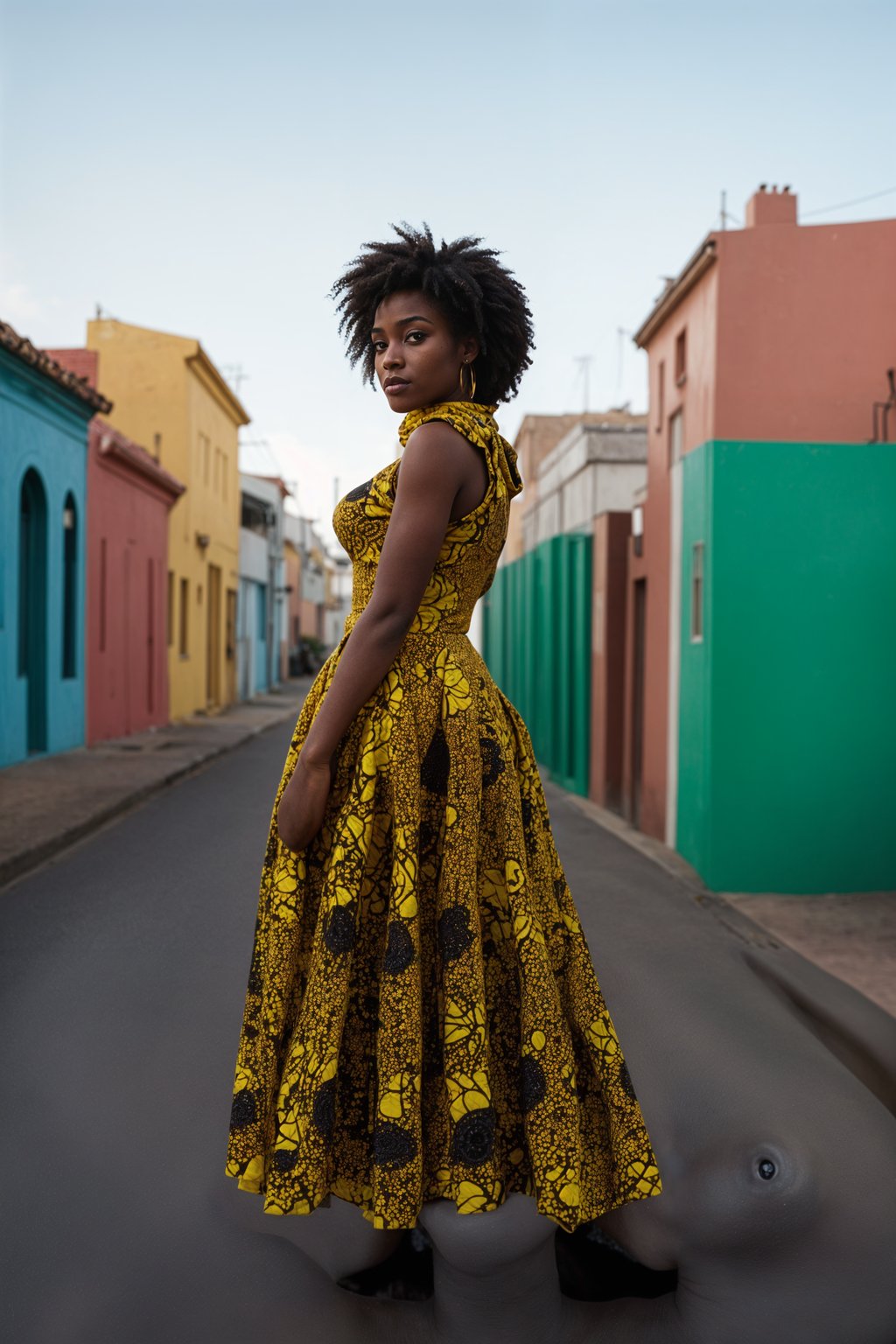 exquisite and traditional  woman in Buenos Aires wearing a tango dress/gaucho attire, colorful houses of La Boca neighborhood in the background