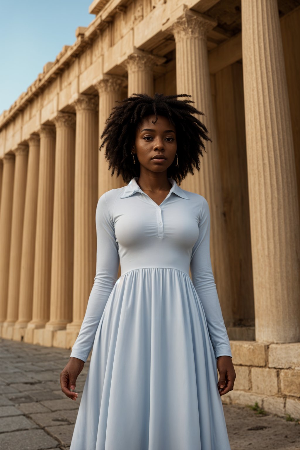 graceful and striking  woman in Athens wearing a traditional Evzone uniform/Amalia dress, Parthenon in the background