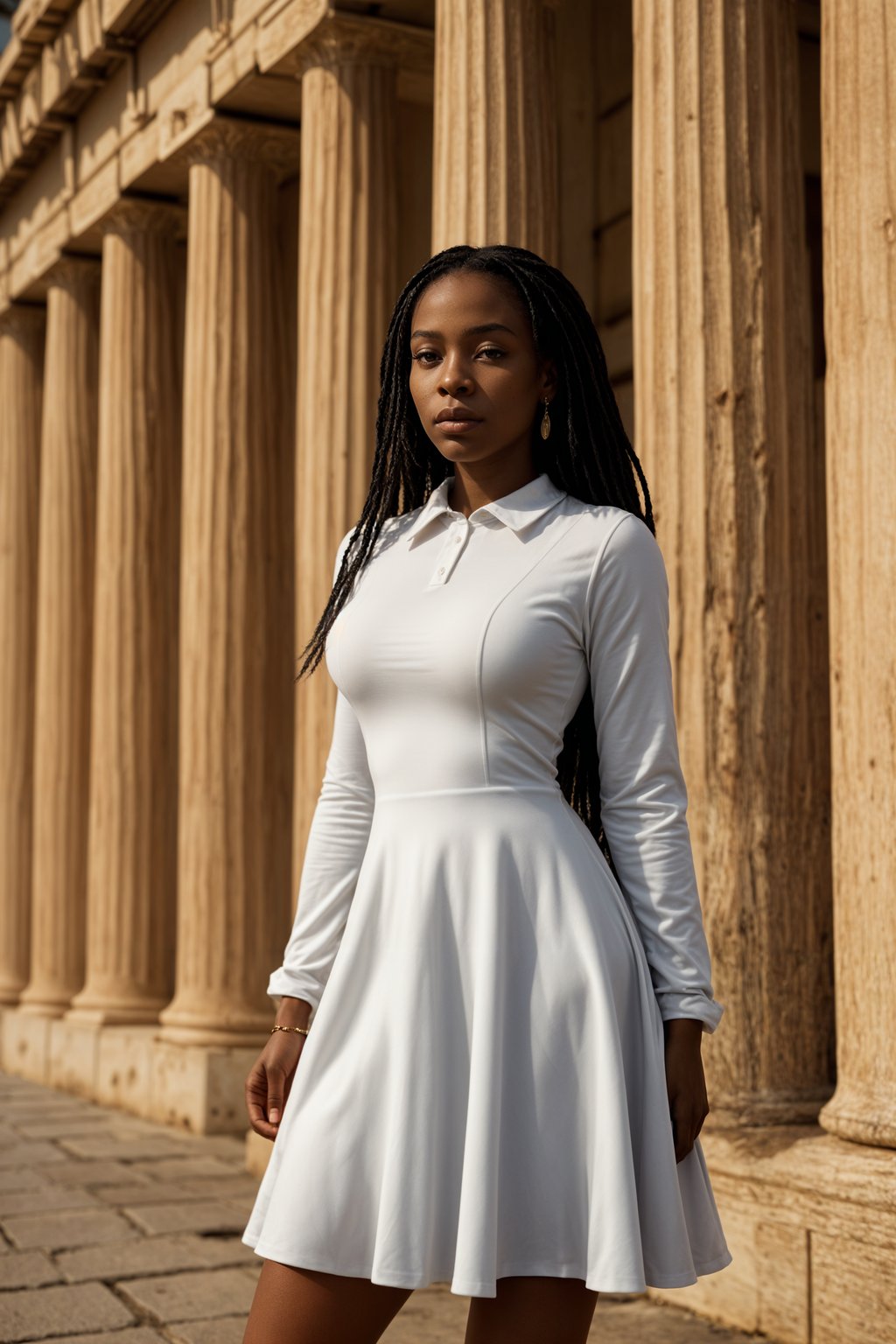 graceful and striking  woman in Athens wearing a traditional Evzone uniform/Amalia dress, Parthenon in the background