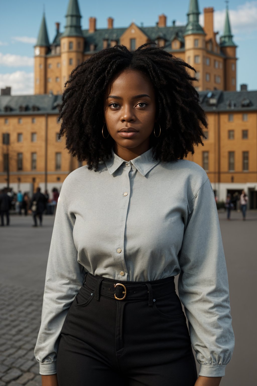 traditional  woman in Stockholm wearing a Swedish folkdräkt, Stockholm Palace in the background