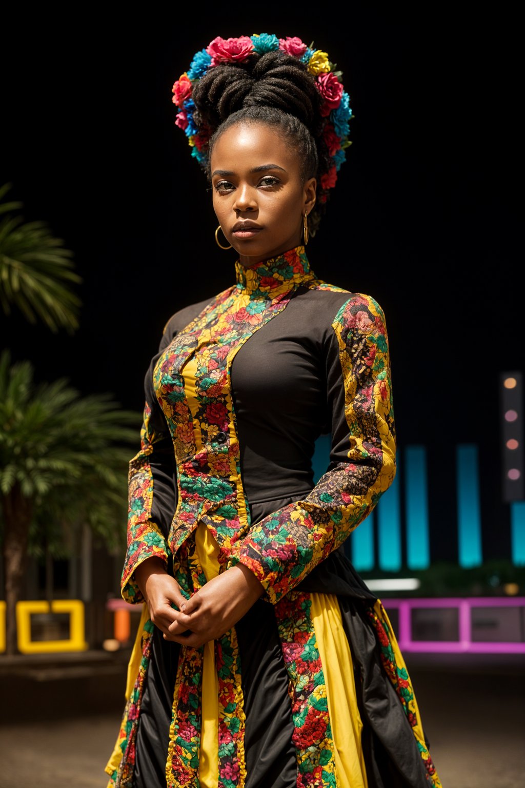 colorful and cultural  woman in Mexico City wearing a traditional charro suit/china poblana, Frida Kahlo Museum in the background