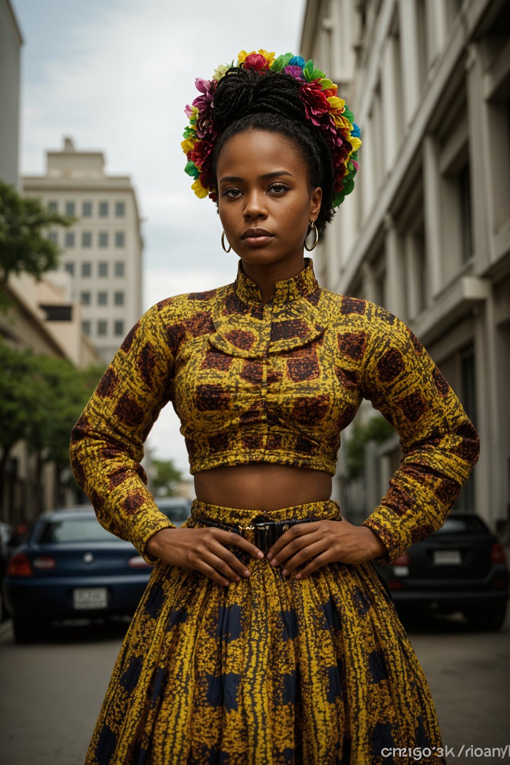 colorful and cultural  woman in Mexico City wearing a traditional charro suit/china poblana, Frida Kahlo Museum in the background