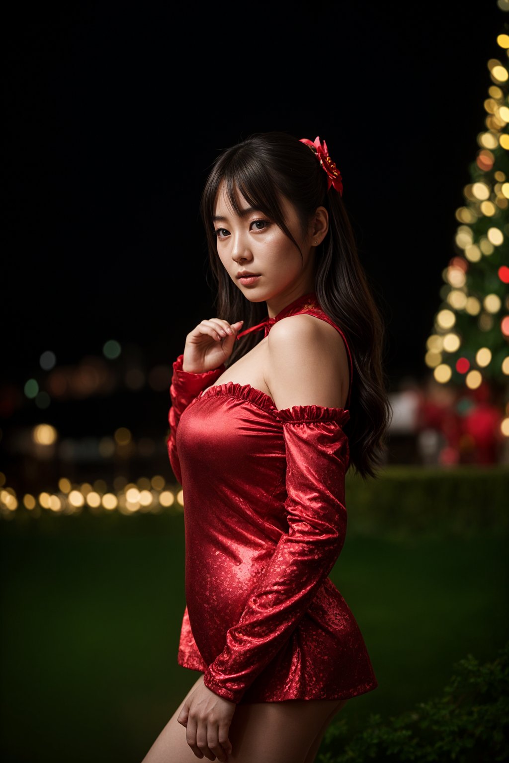 woman wearing (naughty Christmas) (sexy Christmas costume) festive outfit posing for photo, background is Christmas tree and lights