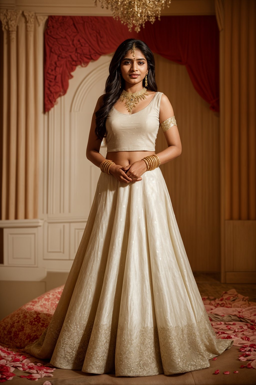 full body shot of smiling woman in wedding photoshoot. Bridal style. Wedding style. Marriage style. Wedding dress . At a glamorous hotel wedding venue.