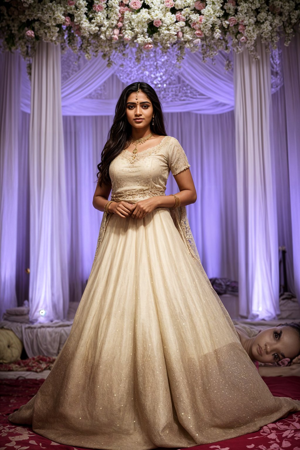 full body shot of smiling woman in wedding photoshoot. Bridal style. Wedding style. Marriage style. Wedding dress . At a glamorous hotel wedding venue.