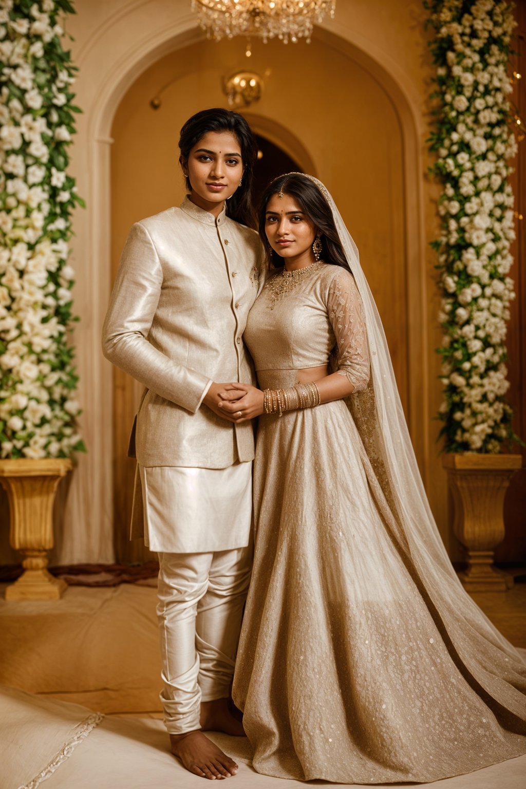 full body shot of smiling woman in wedding photoshoot. Bridal style. Wedding style. Marriage style. Wedding dress . At a glamorous hotel wedding venue.