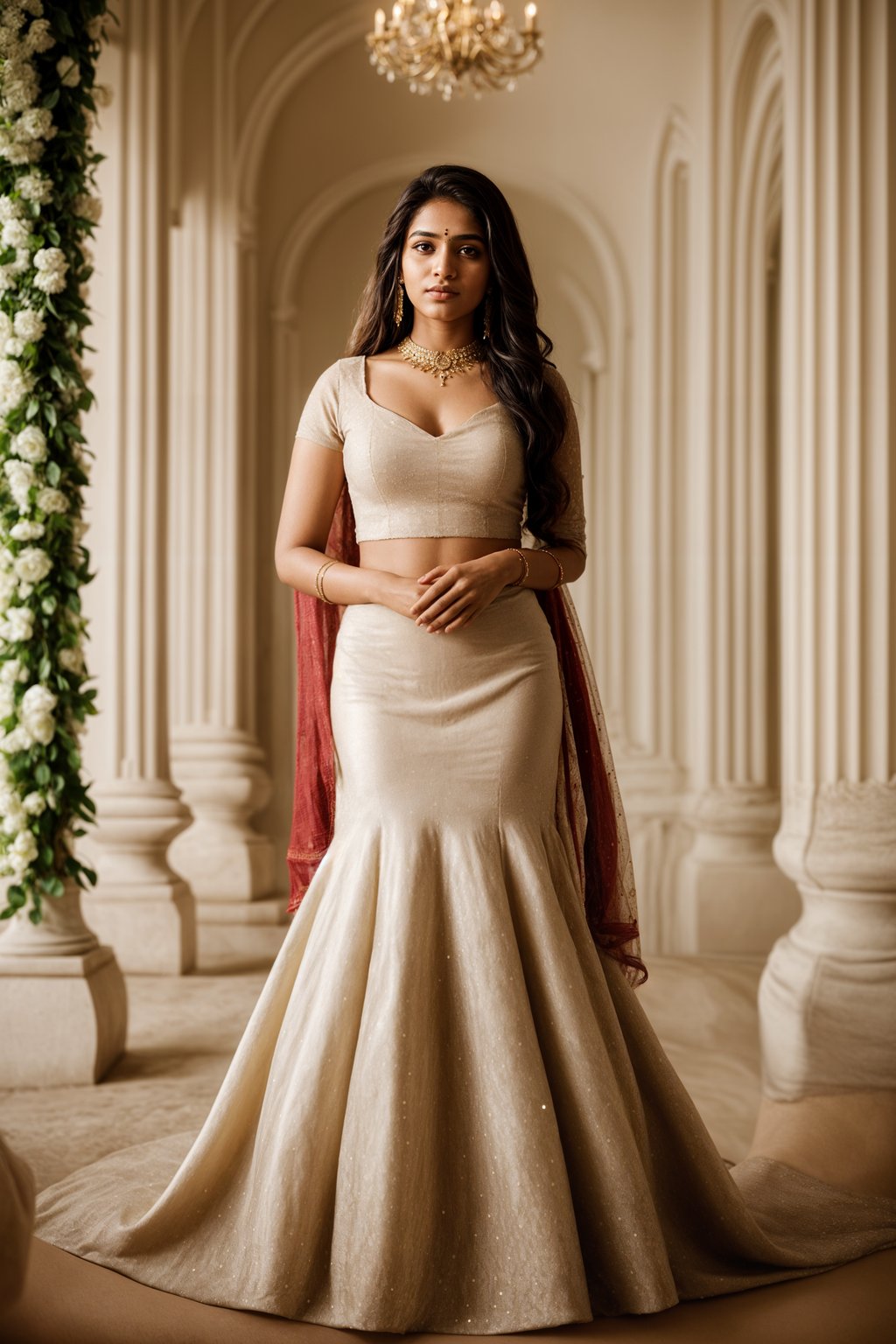 full body shot of smiling woman in wedding photoshoot. Bridal style. Wedding style. Marriage style. Wedding dress . At a glamorous hotel wedding venue.