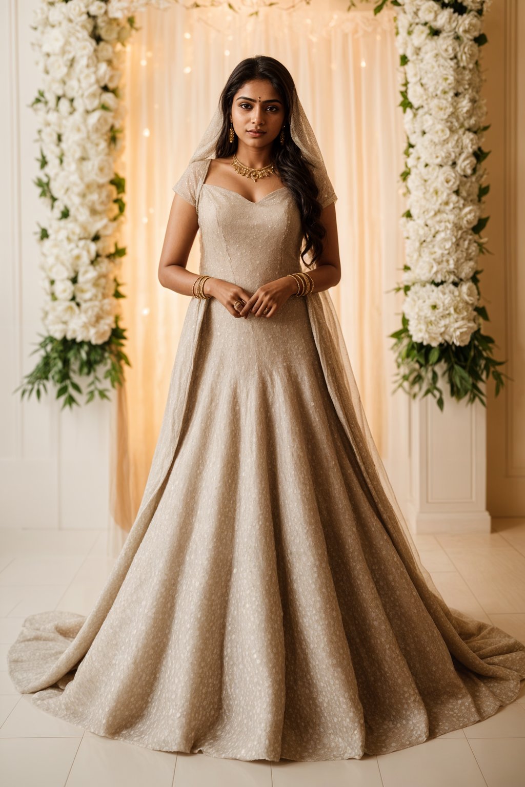 full body shot of smiling woman in wedding photoshoot. Bridal style. Wedding style. Marriage style. Wedding dress . At a glamorous hotel wedding venue.