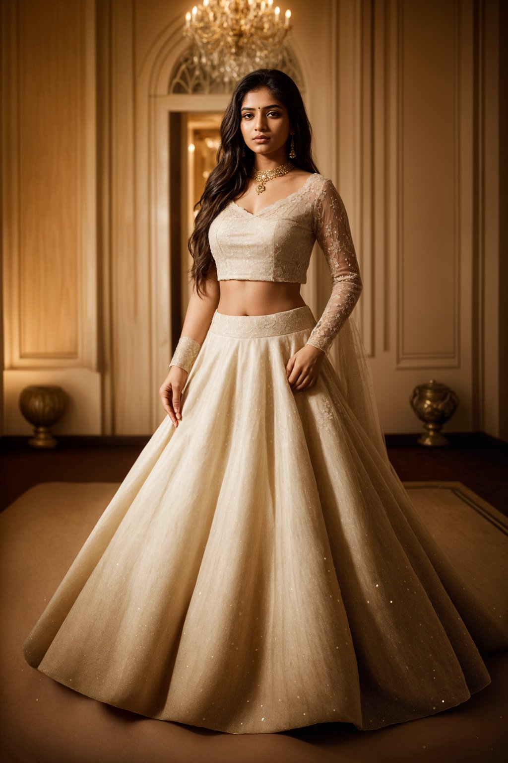 full body shot of smiling woman in wedding photoshoot. Bridal style. Wedding style. Marriage style. Wedding dress . At a glamorous hotel wedding venue.