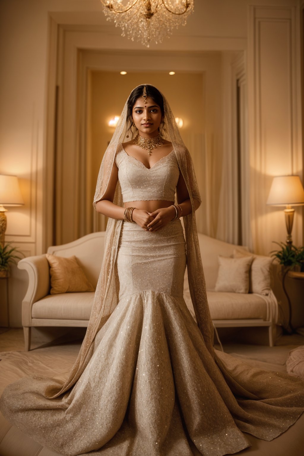 full body shot of smiling woman in wedding photoshoot. Bridal style. Wedding style. Marriage style. Wedding dress . At a glamorous hotel wedding venue.