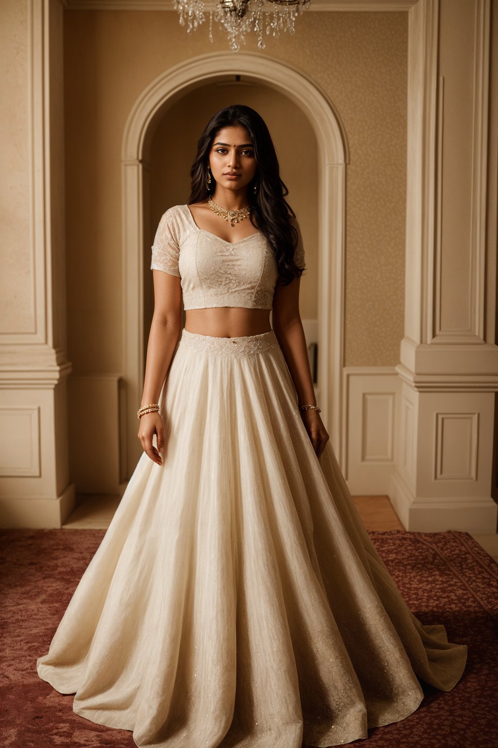 full body shot of smiling woman in wedding photoshoot. Bridal style. Wedding style. Marriage style. Wedding dress . At a glamorous hotel wedding venue.