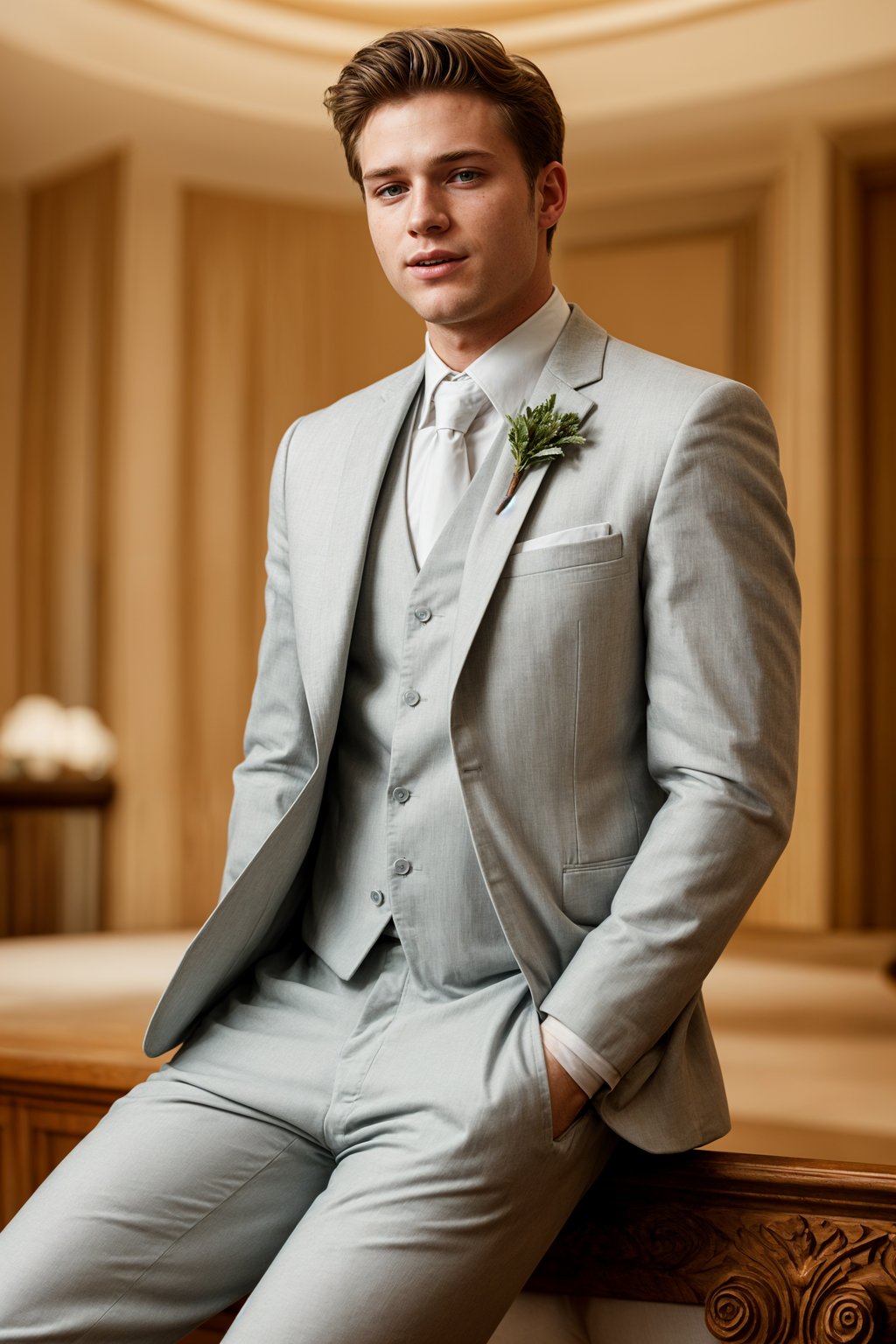 full body shot of smiling man in wedding photoshoot. Bridal style. Wedding style. Marriage style. Wedding  suit. At a glamorous hotel wedding venue.