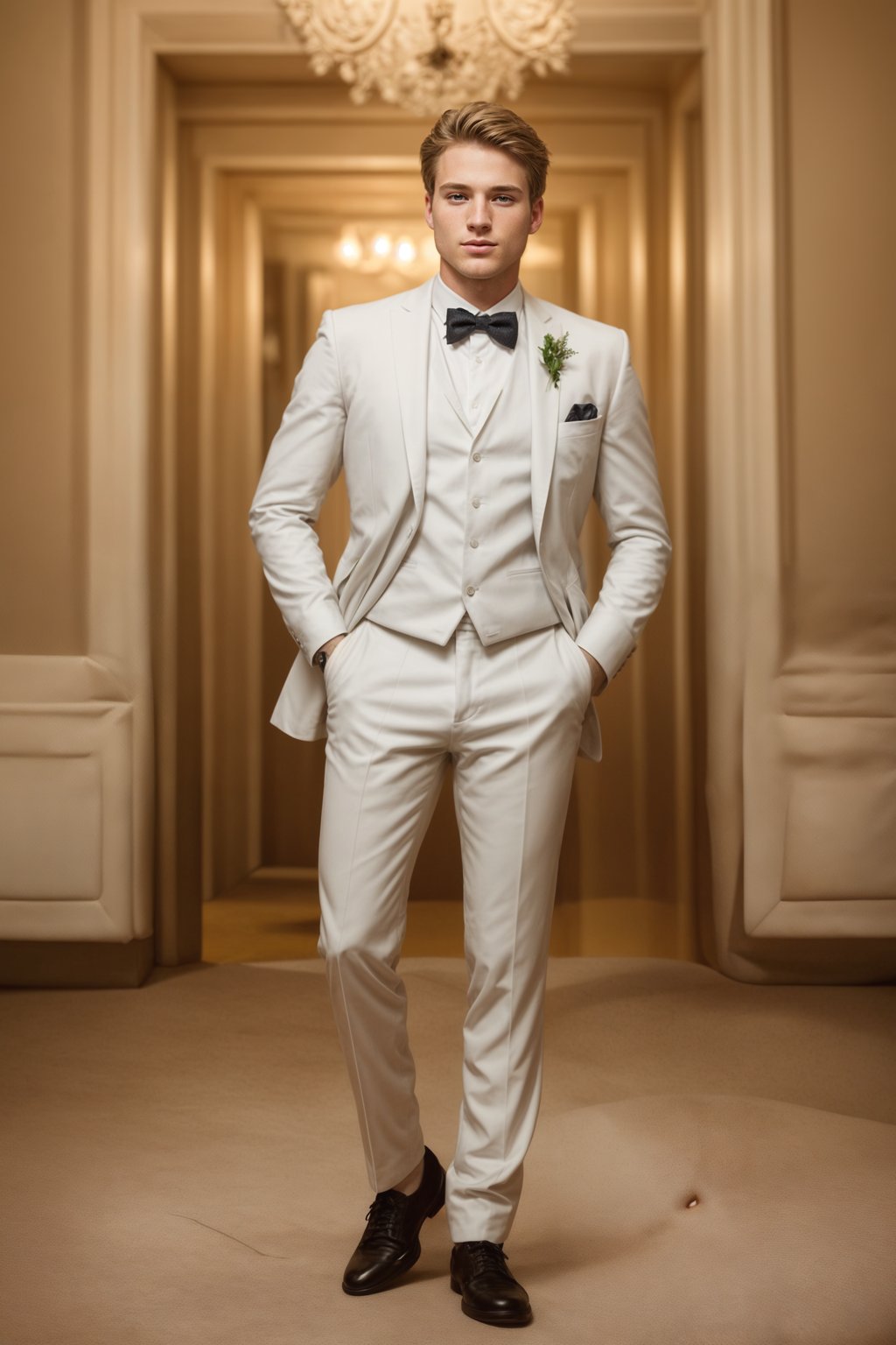 full body shot of smiling man in wedding photoshoot. Bridal style. Wedding style. Marriage style. Wedding  suit. At a glamorous hotel wedding venue.