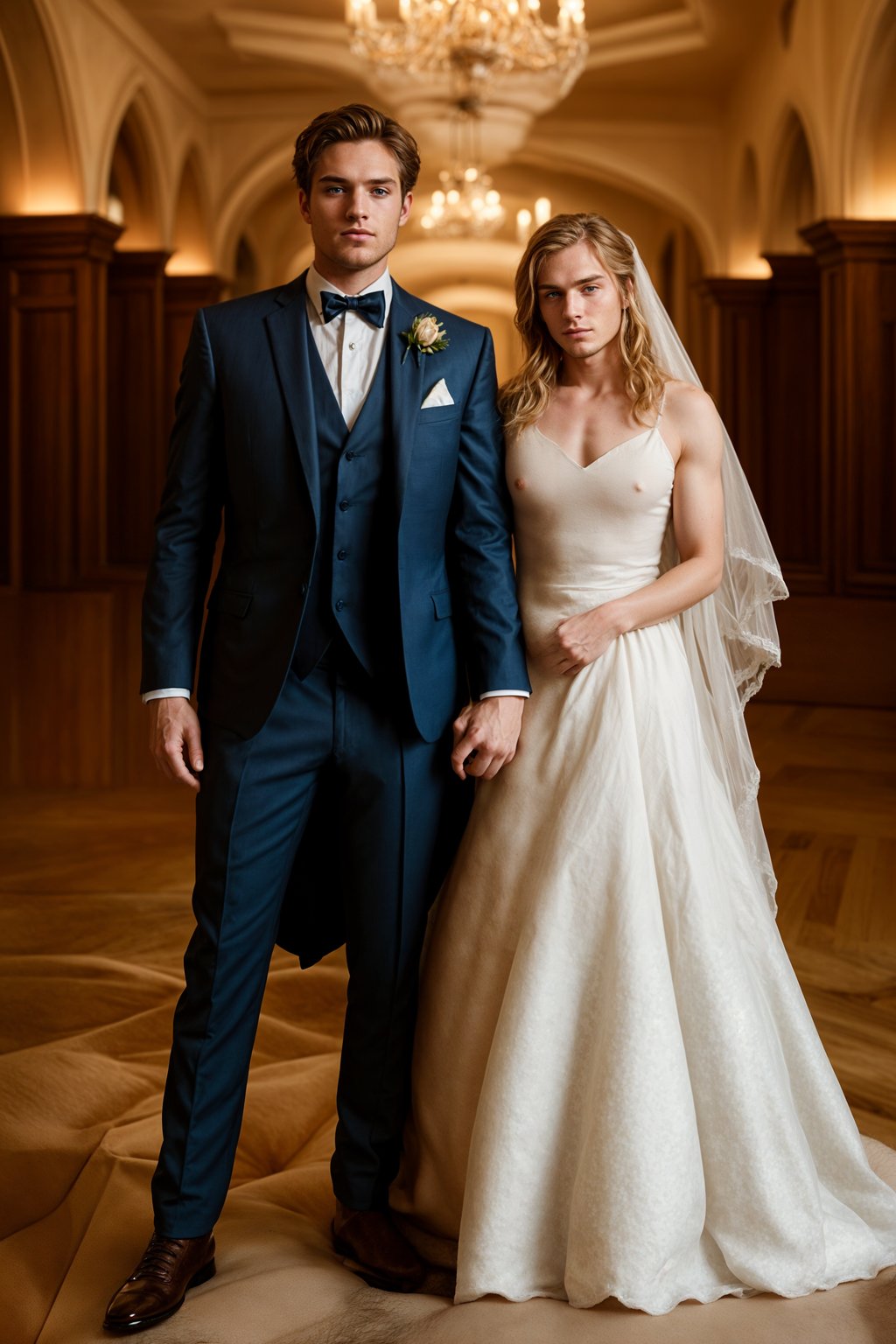 full body shot of smiling man in wedding photoshoot. Bridal style. Wedding style. Marriage style. Wedding  suit. At a glamorous hotel wedding venue.