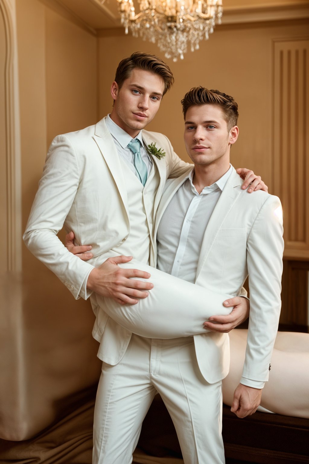 full body shot of smiling man in wedding photoshoot. Bridal style. Wedding style. Marriage style. Wedding  suit. At a glamorous hotel wedding venue.