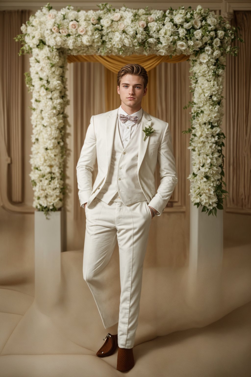 full body shot of smiling man in wedding photoshoot. Bridal style. Wedding style. Marriage style. Wedding  suit. At a glamorous hotel wedding venue.