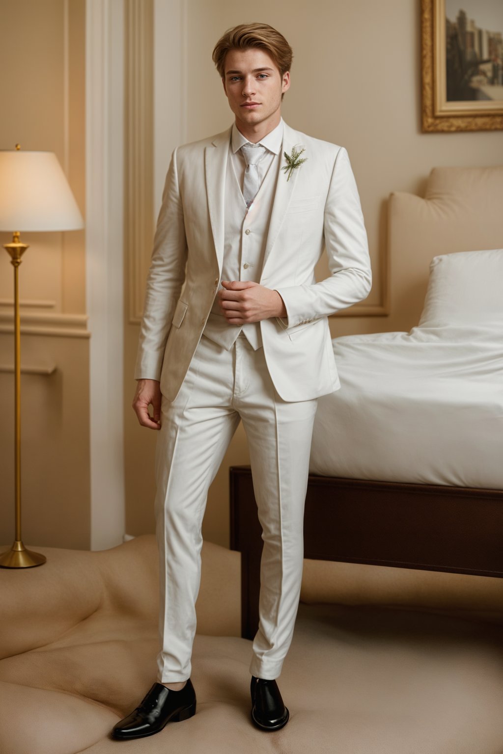 full body shot of smiling man in wedding photoshoot. Bridal style. Wedding style. Marriage style. Wedding  suit. At a glamorous hotel wedding venue.