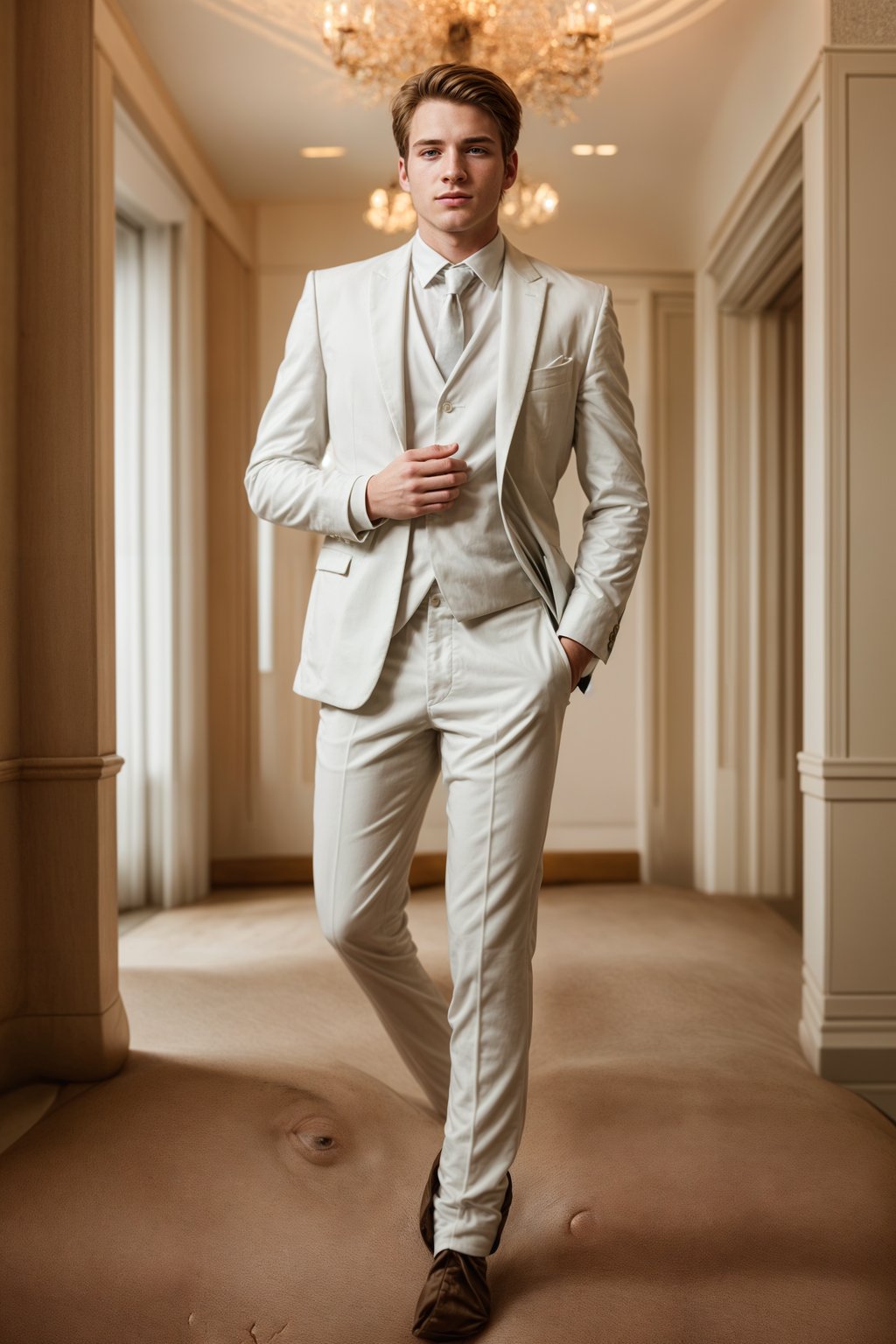 full body shot of smiling man in wedding photoshoot. Bridal style. Wedding style. Marriage style. Wedding  suit. At a glamorous hotel wedding venue.