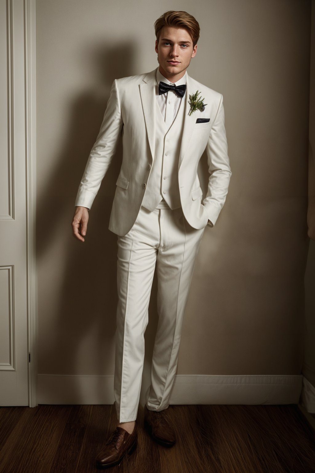 full body shot of smiling man in wedding photoshoot. Bridal style. Wedding style. Marriage style. Wedding  suit. At a glamorous hotel wedding venue.