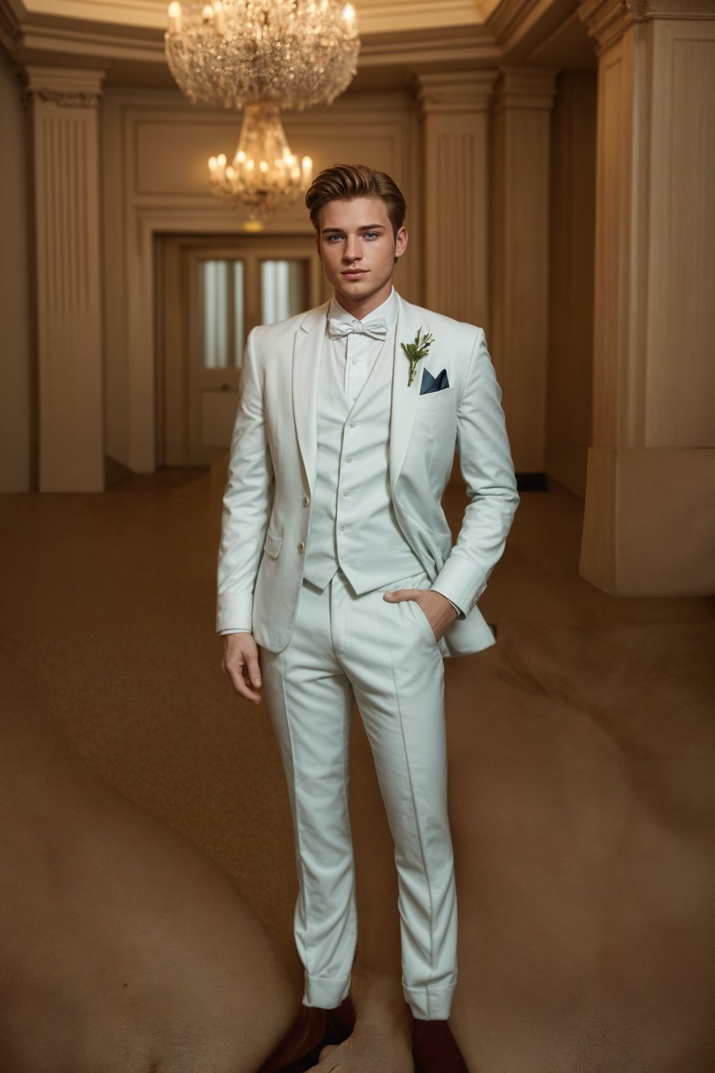 full body shot of smiling man in wedding photoshoot. Bridal style. Wedding style. Marriage style. Wedding  suit. At a glamorous hotel wedding venue.