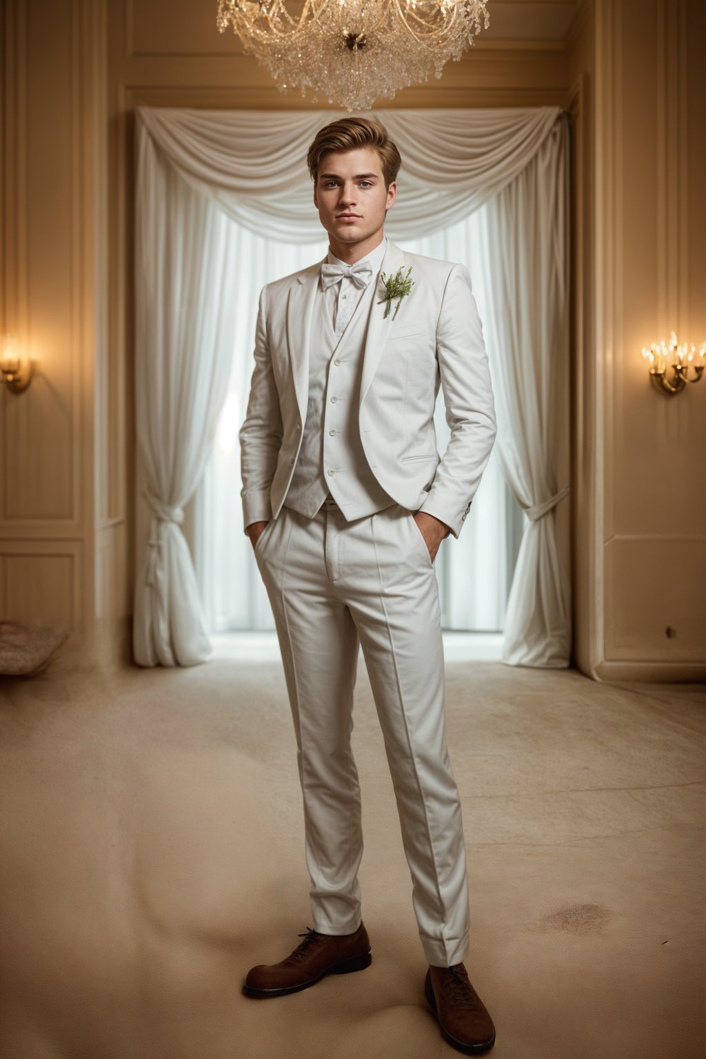 full body shot of smiling man in wedding photoshoot. Bridal style. Wedding style. Marriage style. Wedding  suit. At a glamorous hotel wedding venue.