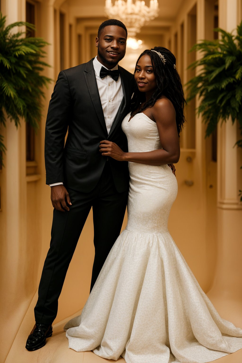 full body shot of smiling man in wedding photoshoot. Bridal style. Wedding style. Marriage style. Wedding  suit. At a glamorous hotel wedding venue.