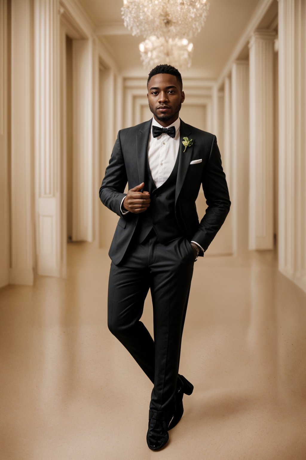 full body shot of smiling man in wedding photoshoot. Bridal style. Wedding style. Marriage style. Wedding  suit. At a glamorous hotel wedding venue.