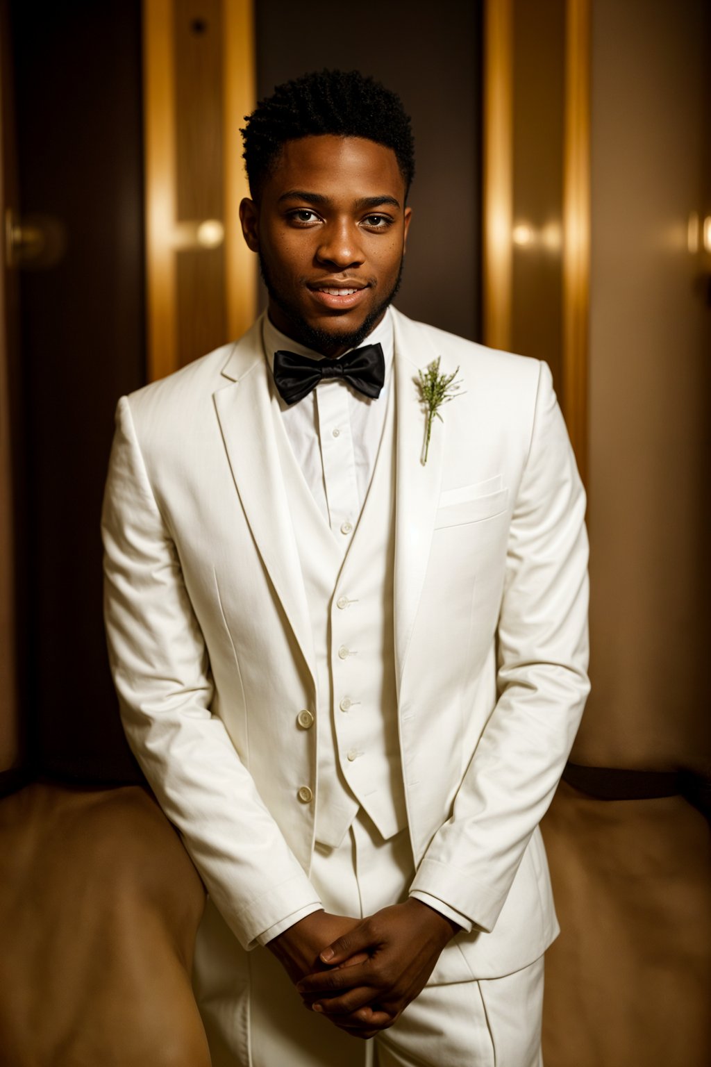 full body shot of smiling man in wedding photoshoot. Bridal style. Wedding style. Marriage style. Wedding  suit. At a glamorous hotel wedding venue.