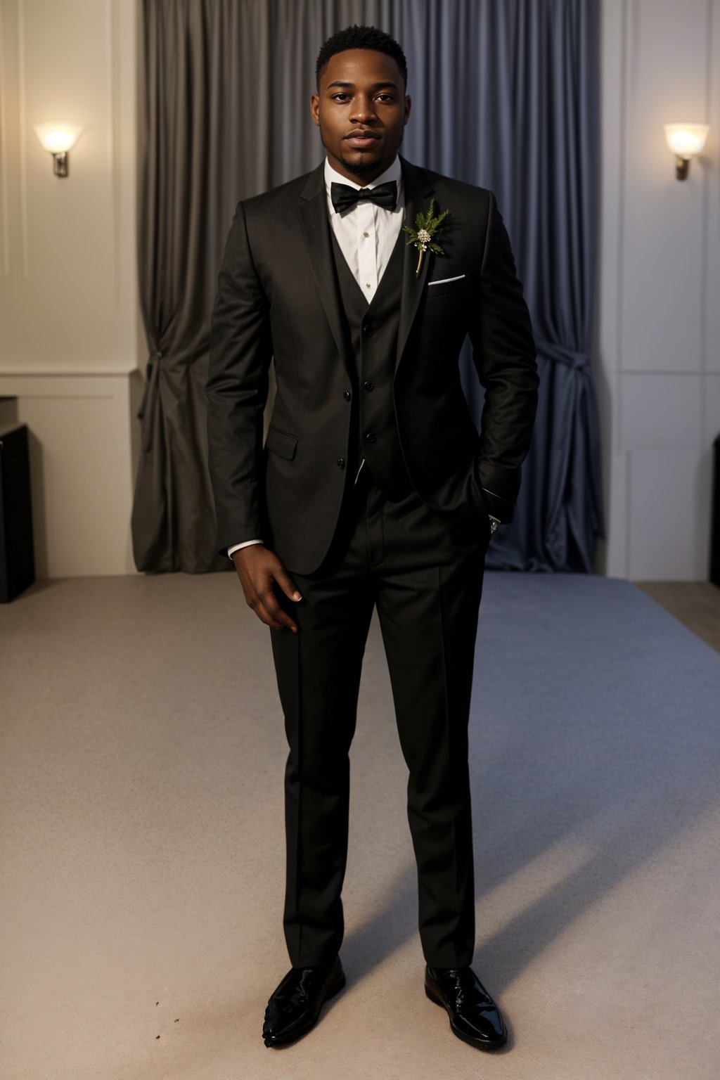 full body shot of smiling man in wedding photoshoot. Bridal style. Wedding style. Marriage style. Wedding  suit. At a glamorous hotel wedding venue.