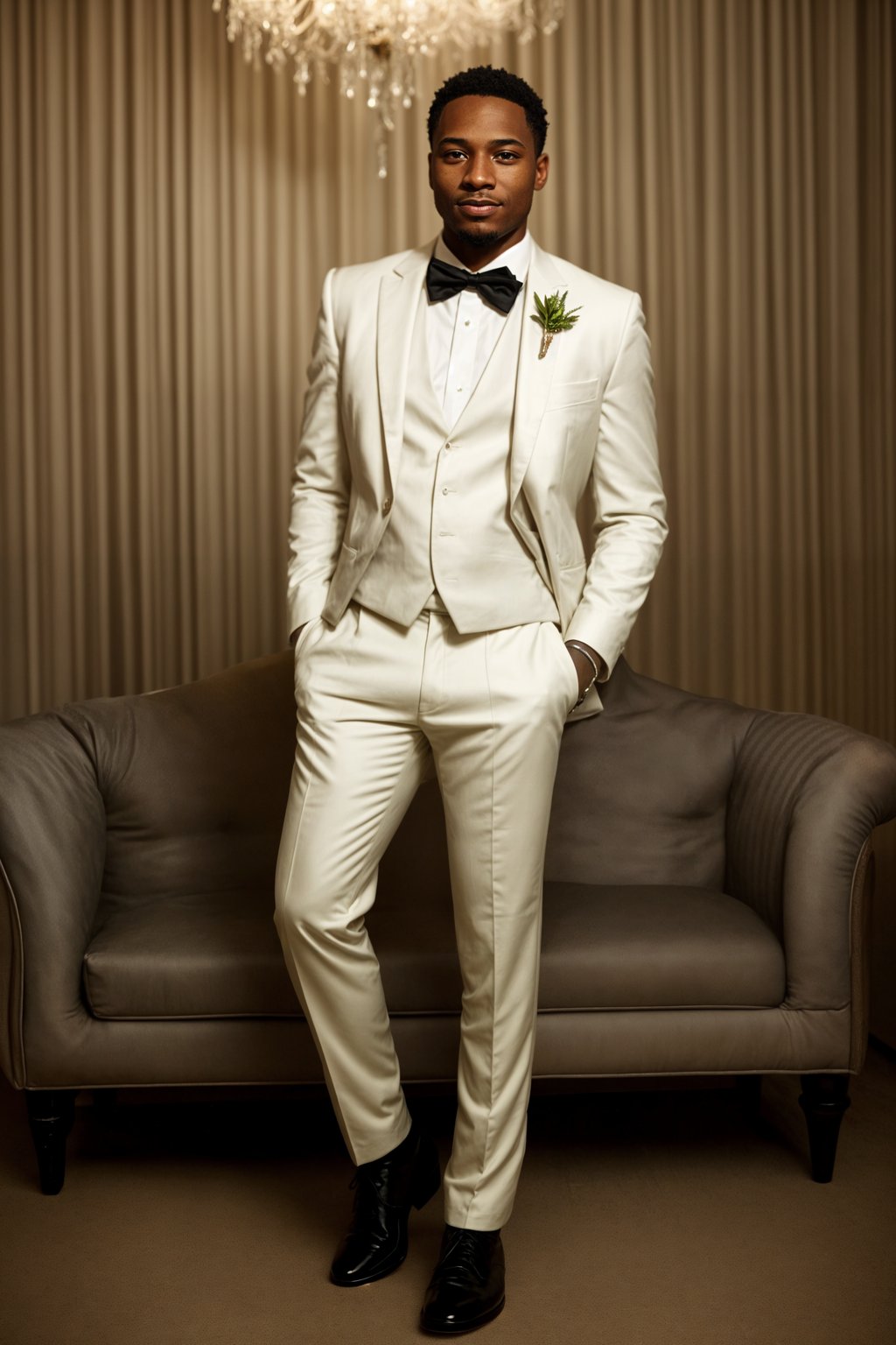 full body shot of smiling man in wedding photoshoot. Bridal style. Wedding style. Marriage style. Wedding  suit. At a glamorous hotel wedding venue.