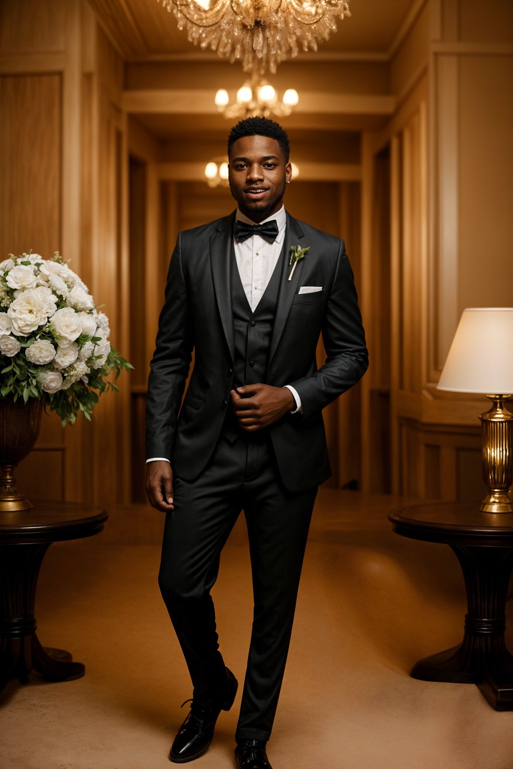 full body shot of smiling man in wedding photoshoot. Bridal style. Wedding style. Marriage style. Wedding  suit. At a glamorous hotel wedding venue.