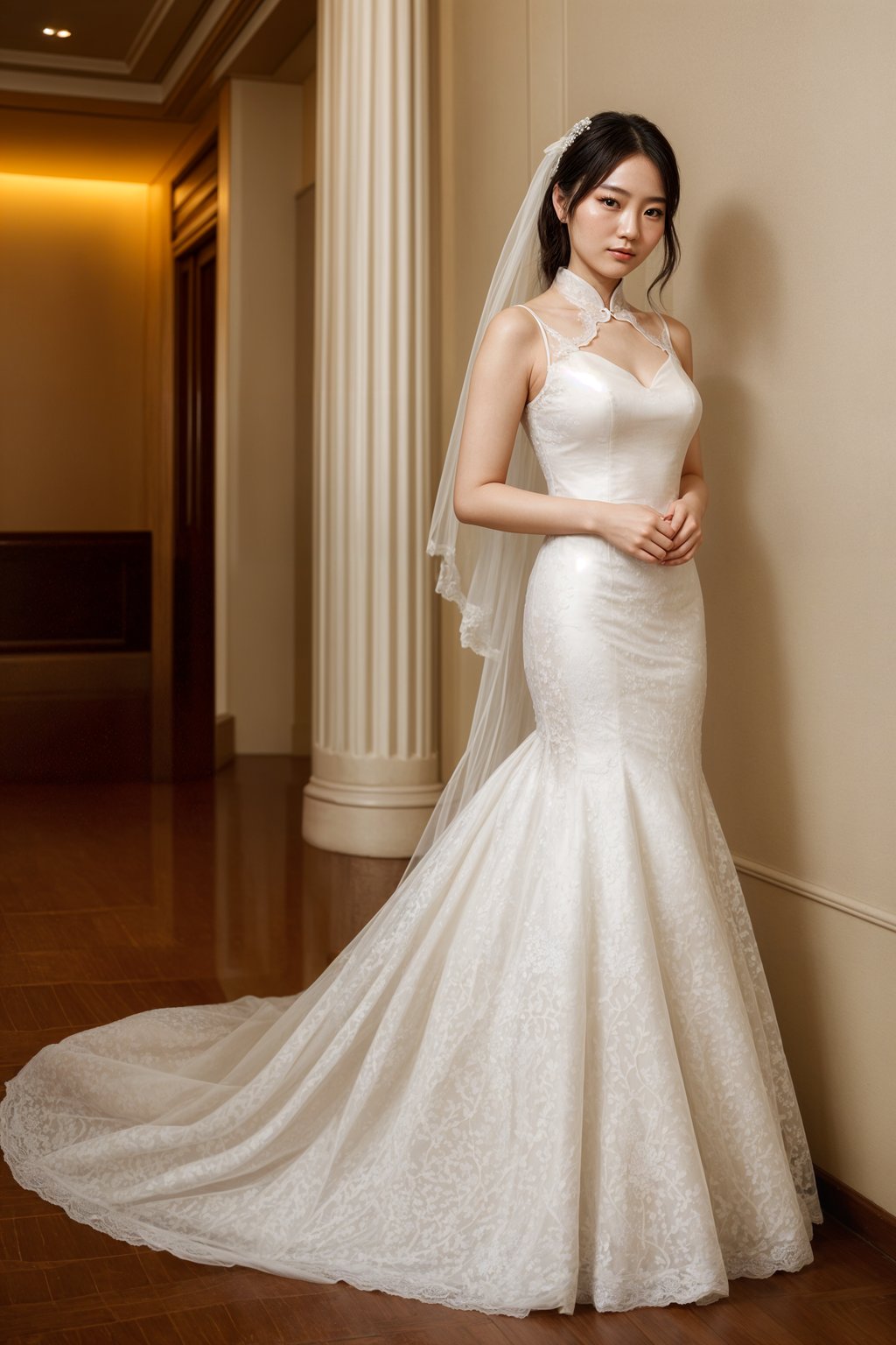 full body shot of smiling woman in wedding photoshoot. Bridal style. Wedding style. Marriage style. Wedding dress . At a glamorous hotel wedding venue.