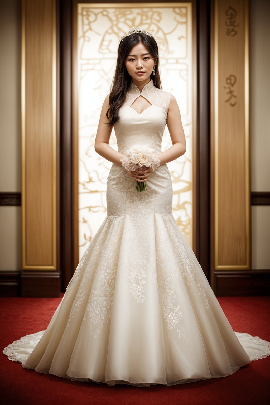 full body shot of smiling woman in wedding photoshoot. Bridal style. Wedding style. Marriage style. Wedding dress . At a glamorous hotel wedding venue.