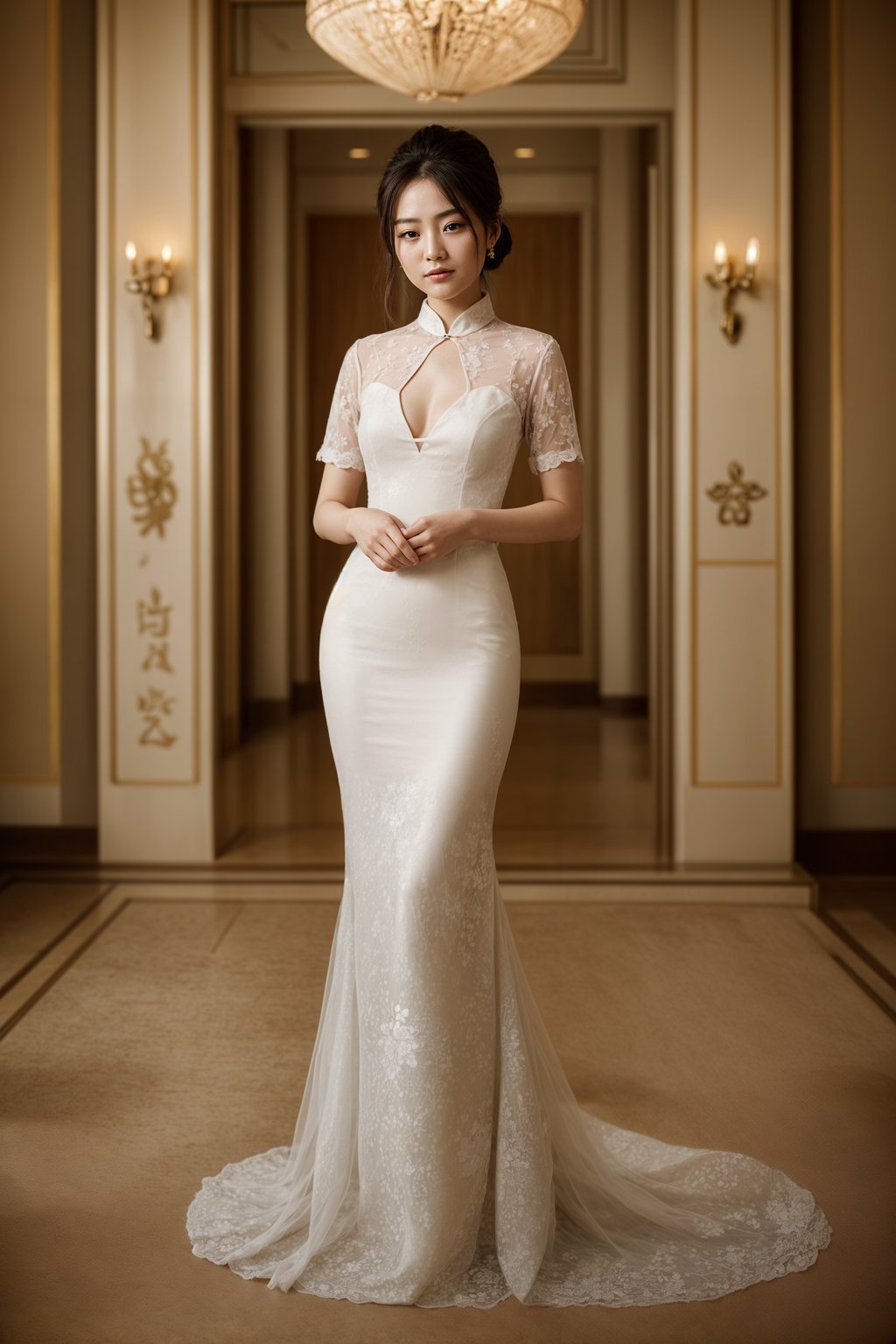 full body shot of smiling woman in wedding photoshoot. Bridal style. Wedding style. Marriage style. Wedding dress . At a glamorous hotel wedding venue.