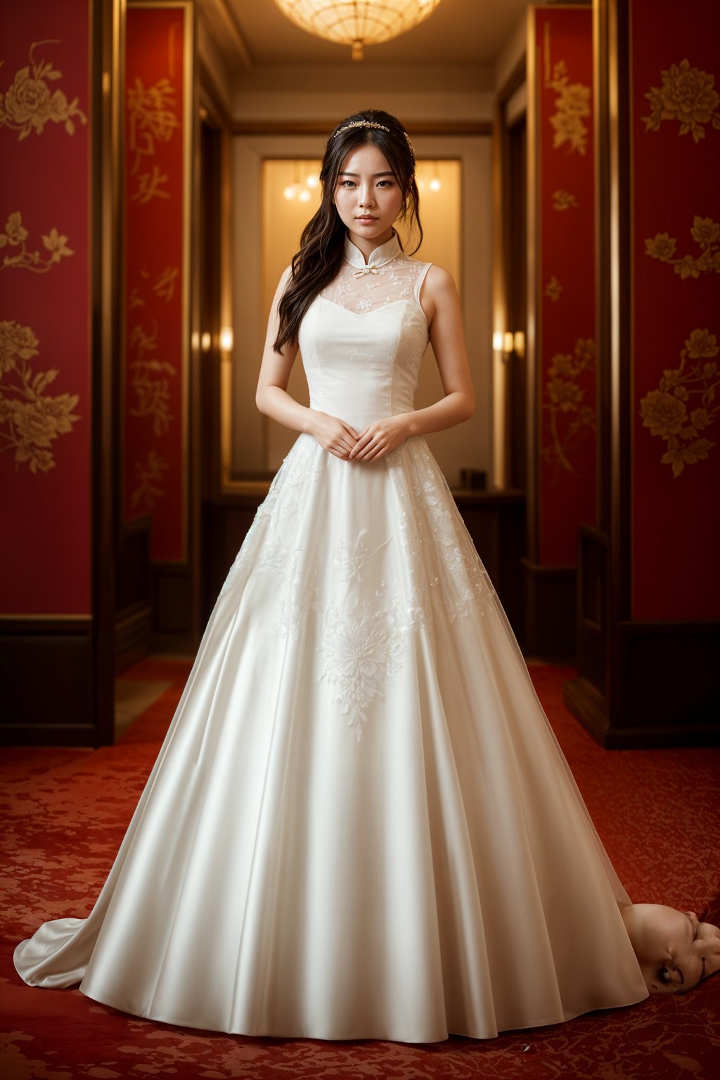 full body shot of smiling woman in wedding photoshoot. Bridal style. Wedding style. Marriage style. Wedding dress . At a glamorous hotel wedding venue.