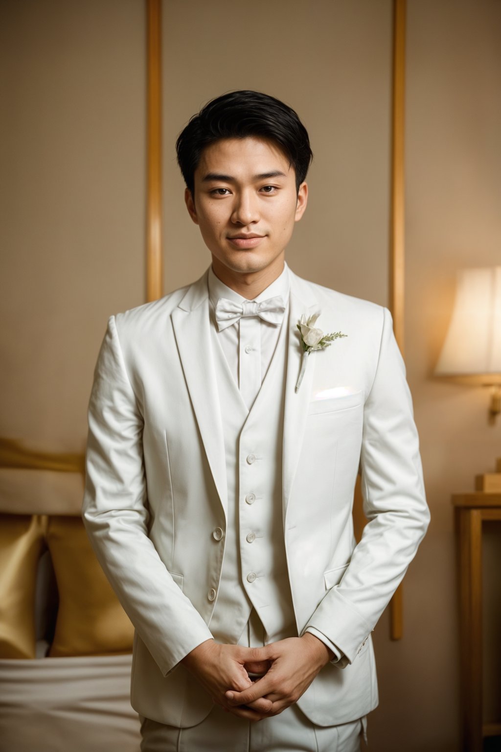 full body shot of smiling man in wedding photoshoot. Bridal style. Wedding style. Marriage style. Wedding  suit. At a glamorous hotel wedding venue.