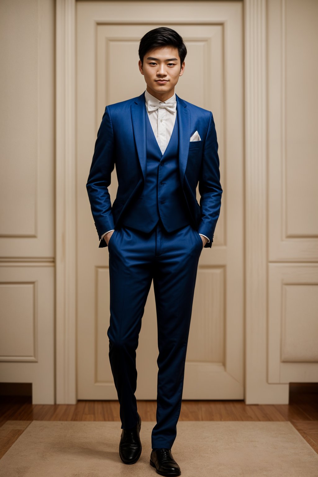 full body shot of smiling man in wedding photoshoot. Bridal style. Wedding style. Marriage style. Wedding  suit. At a glamorous hotel wedding venue.