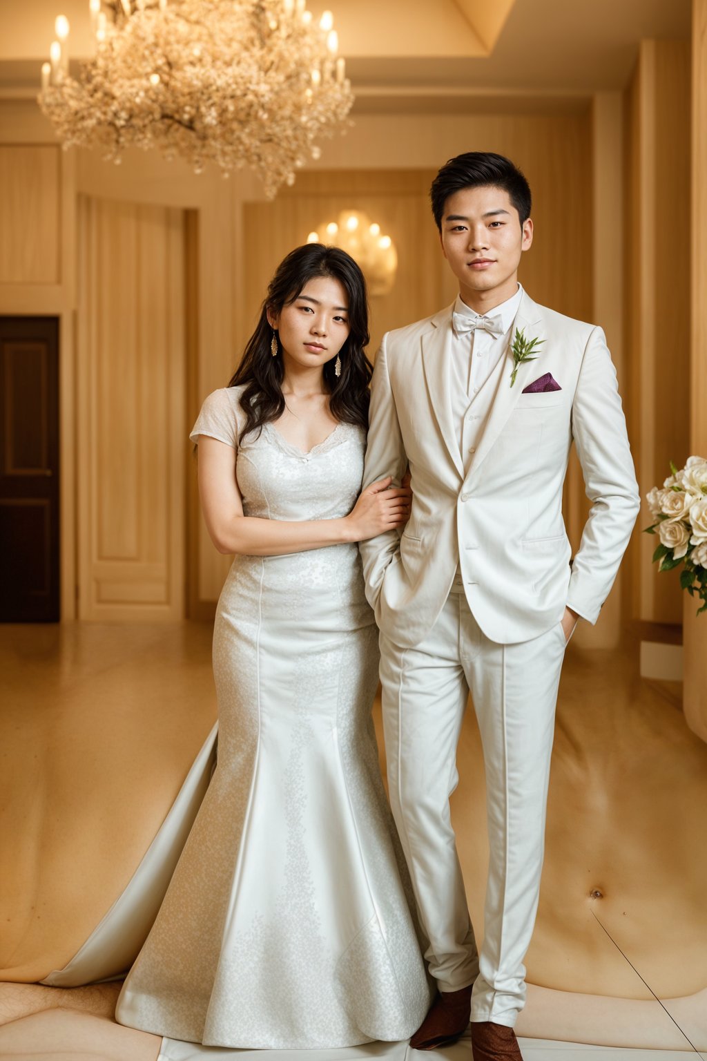 full body shot of smiling man in wedding photoshoot. Bridal style. Wedding style. Marriage style. Wedding  suit. At a glamorous hotel wedding venue.