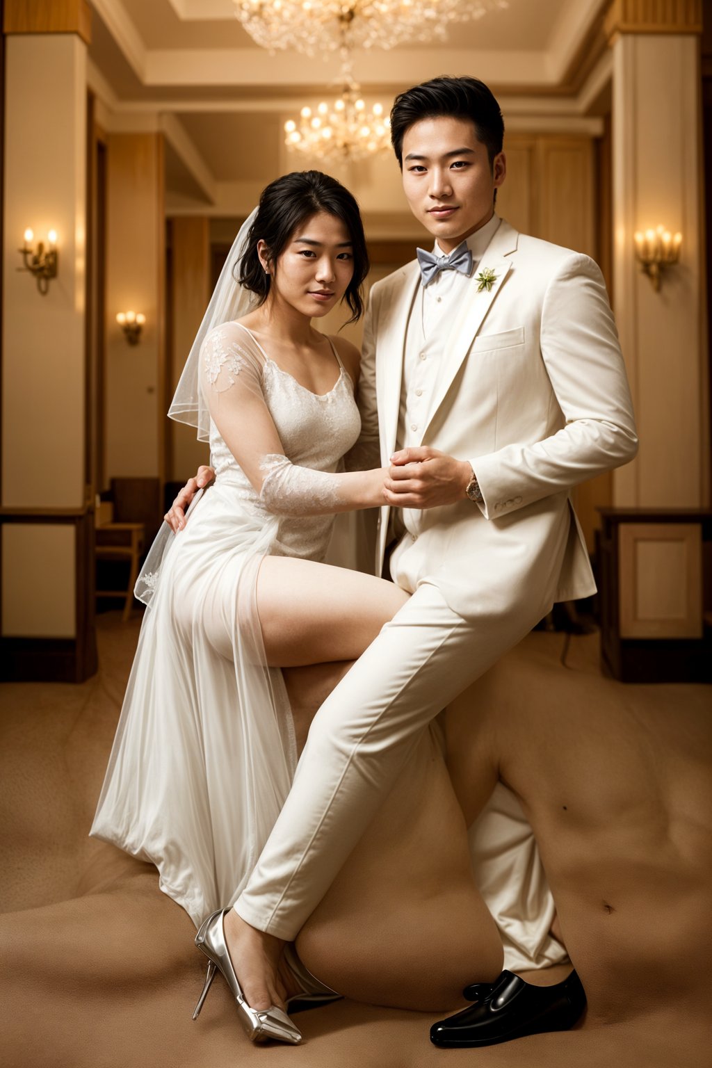 full body shot of smiling man in wedding photoshoot. Bridal style. Wedding style. Marriage style. Wedding  suit. At a glamorous hotel wedding venue.